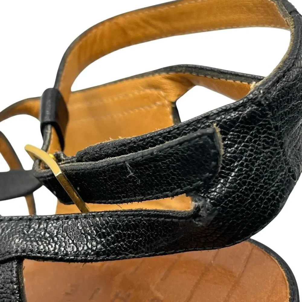 Chie Mihara Sandals Heels Women Size 36 US 6 Black Leather T-Strap Ankle Strap
